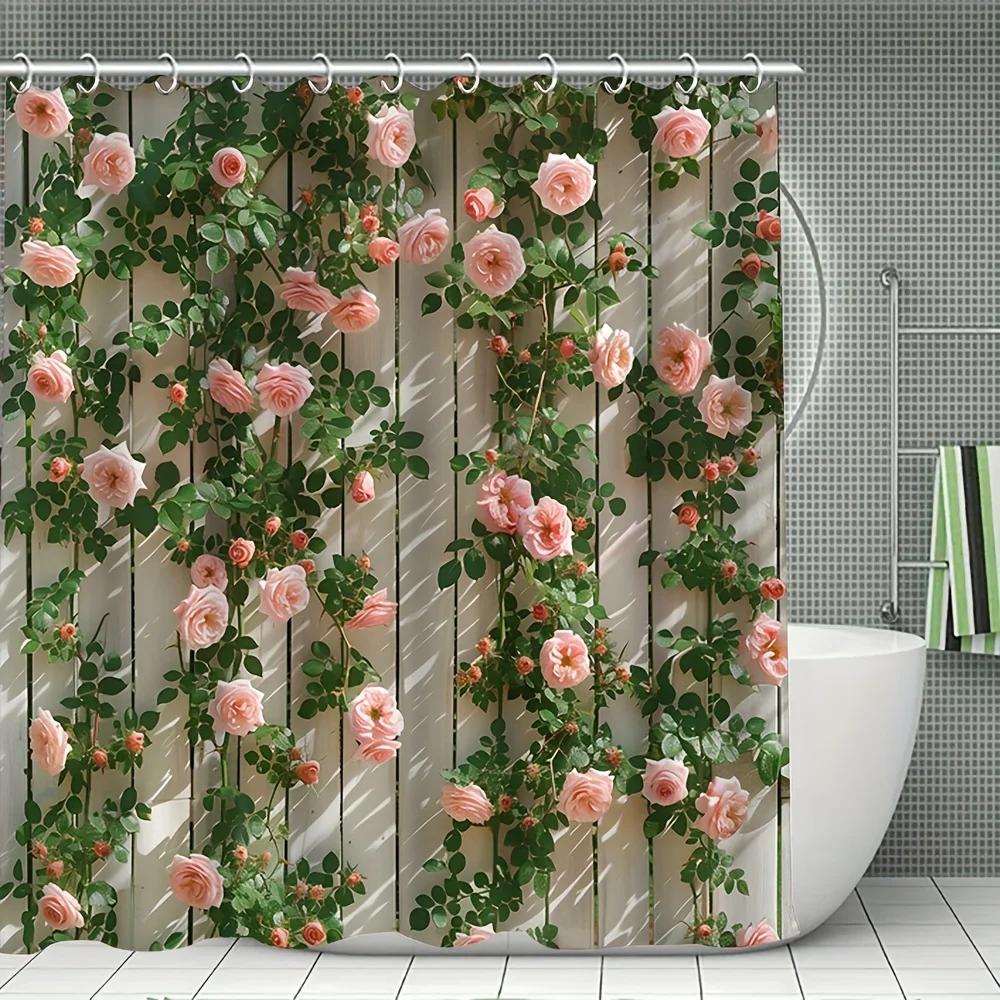 

Romantic Pink Floral Shower Curtain - Cascading Rose Design For Dreamy Bathroom Dcor, Waterproof, Easy Care & Soft Fabric W60H190(CM)-1 Pcs