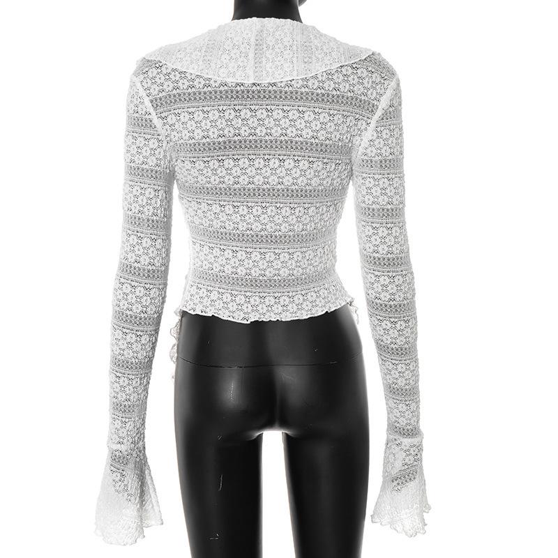 Y25TP289 Women's Solid Color Lace Trim Lace-Up Long Sleeve Top - European & American Style for Summer & Autumn