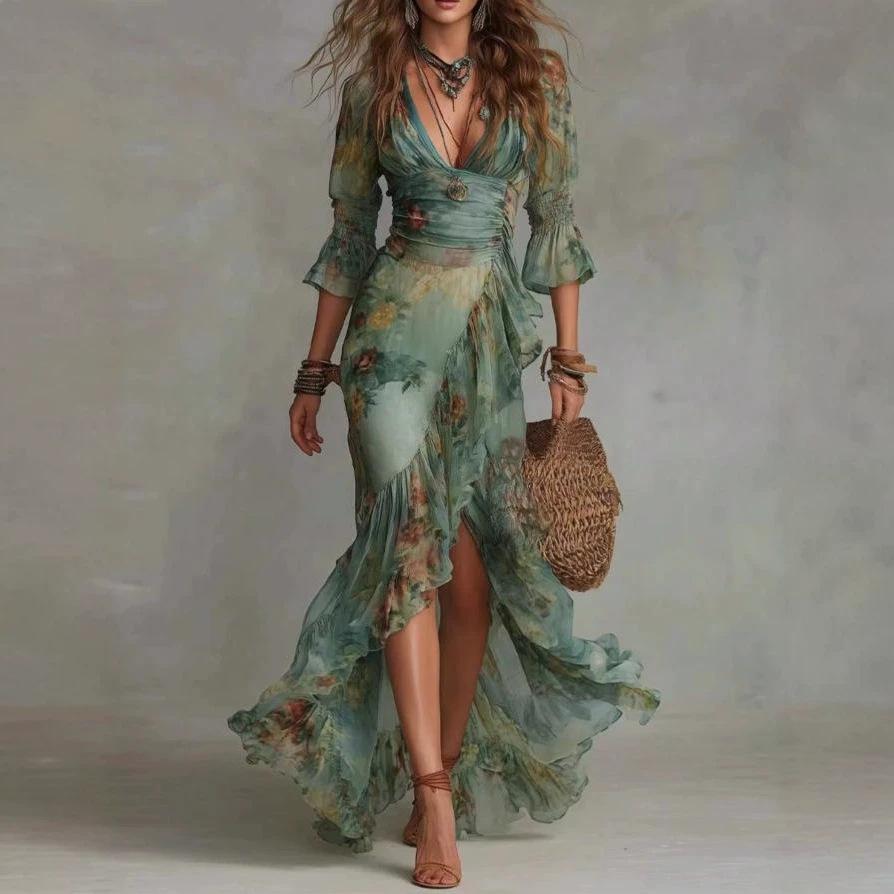 2026 Europa, Amerika, bedrucktes V-Ausschnitt-Langarmkleid Urlaubs-elegant unregelmäßiges Blumenkleid