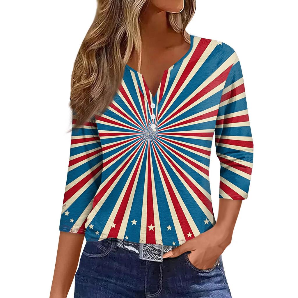 Women's Neck Independence Day Printed Striped Short Sleeve T-Shirt Top