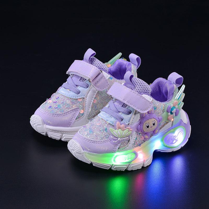 Glowing 2025 Spring/Autumn Light-Up Velcro Sports Shoes for Girls - Cartoon Design and Running Comfort