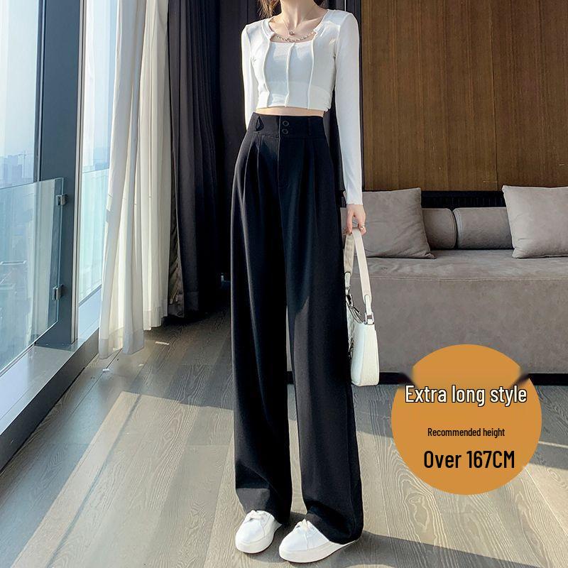 Women's Black High Waist Wide Leg Pants for Spring/Autumn - Petite Fit, Elegant Draping, Straight or Narrow Leg Options