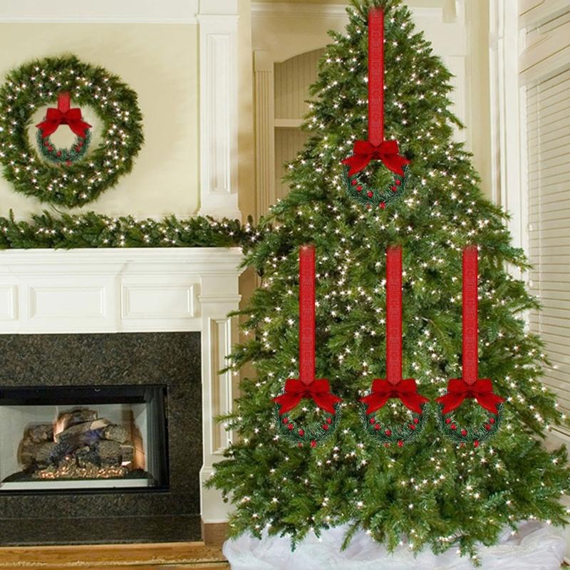 6Pcs Artificial Wreath 13cm Small Christmas Wreaths Ribbon Bows Wreath for Front Door Kitchen Cabinets Wall Window