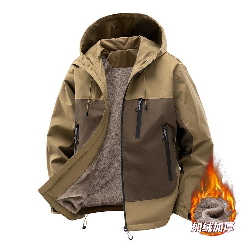 OO Fleece Thickened Jacket Men's Loose Trend Outdoor Waterproof Casual Retro Hooded Jacket Men