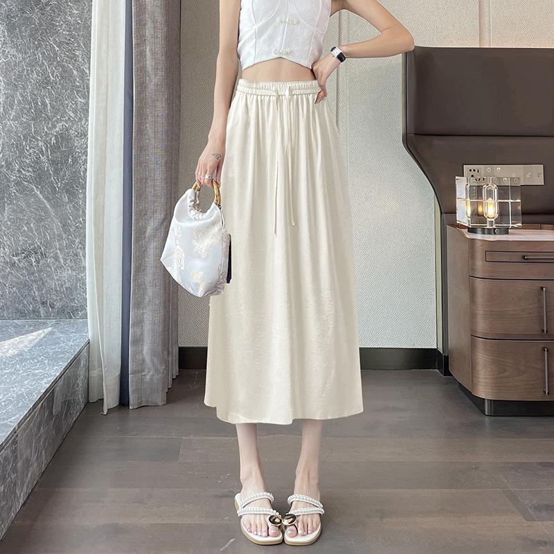 Acetate Satin High-End Feel Midi Skirt Summer New High Waist Draped Petite Straight A-Line Skirt