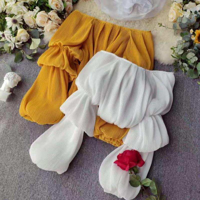 

RUGOD Женская топ на одно плечо, новый дизайн 2020, плиссированная шифоновая рубашка с рукавами-фонариками в западном стиле