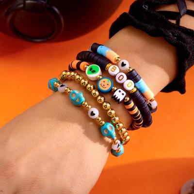 Halloween Skull Pumpkin Letters Bead Stretch Bracelet Set Multi-Layer Soft Clay Charm Boho Bangles Jewelry Gift For Women Men