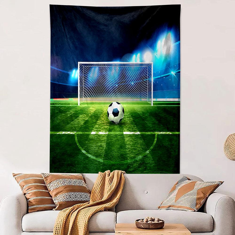 Soccer Ball and Goal on Stadium Field Patterned tapestry home decor, suitable for bedroom and living room, gift