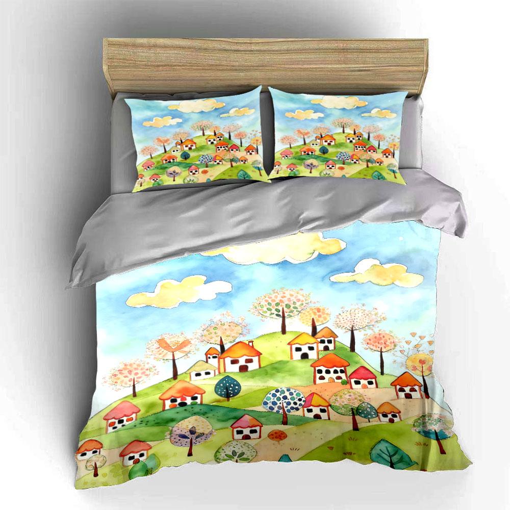 Houses, Trees, Hills, Clouds. Bedding Sets Duvet Cover Sets Duvet Covers Pillowcases(1 * Duvet Cover 2 * Pillowcases Without Duvet Insert)