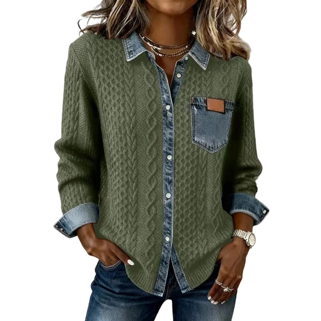 Damen Strick Patchwork Denim Mode Langärmelige Strickjacke Jacke