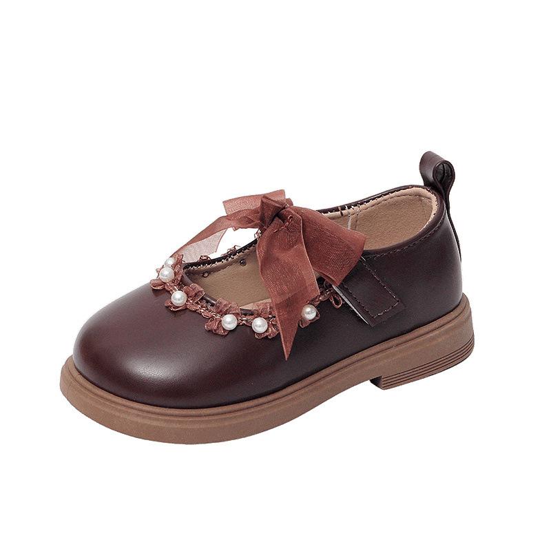 2025 Spring and Autumn New Girls' Leather Shoes Bow Pearl Princess Shoes Children's Single Shoes Soft Sole Girls Performance Shoes
