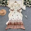 Bohemian vacation dress women's summer literary retro waist V-neck short-sleeved printed long dress