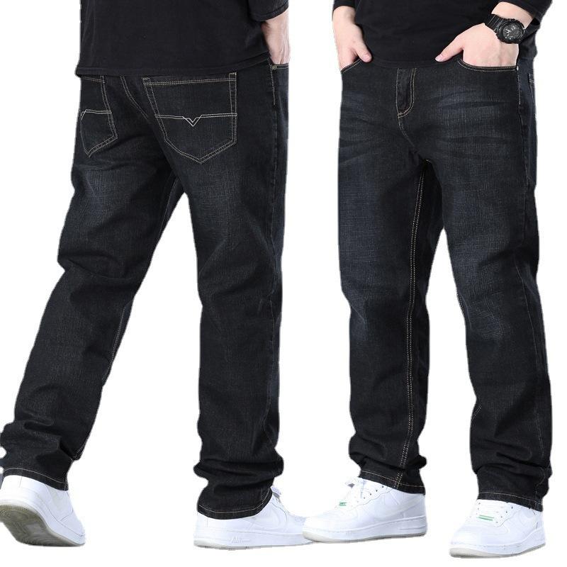 Spring/Summer Loose Fit Plus Size Straight Leg Jeans for Men Hard-Wearing Washed Wide-Leg Trousers