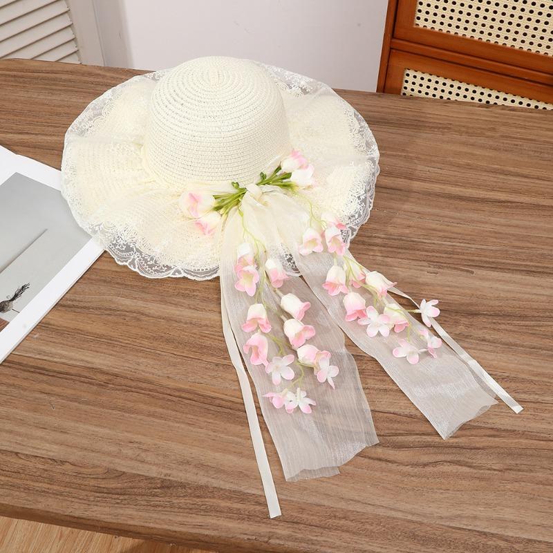 Summer Bow Sun Hat Female, Seaside Beach Vacation Sun Hat Outdoor Big Brim Sun Hat Sweet Straw Hat