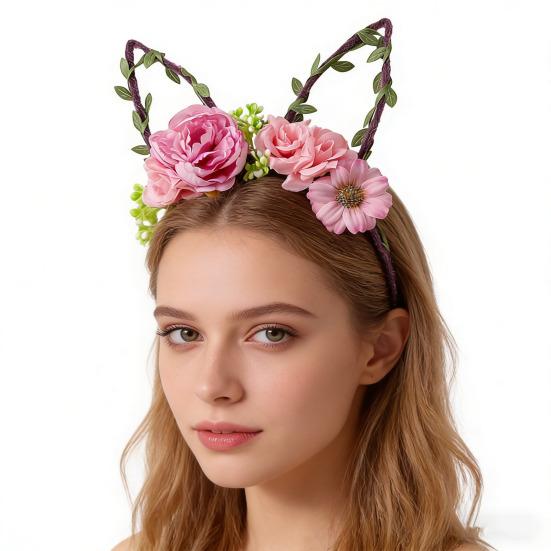 Hair Hoop Flower Decor Bunny Ears Design Headband Cosplay Birthday Photography Props Easter Party Headgear