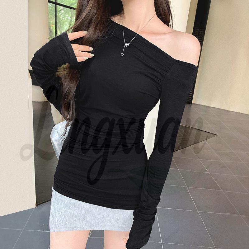 Women s Diagonal Off-the-Shoulder Long-Sleeve Top - Sexy Early Autumn Style S