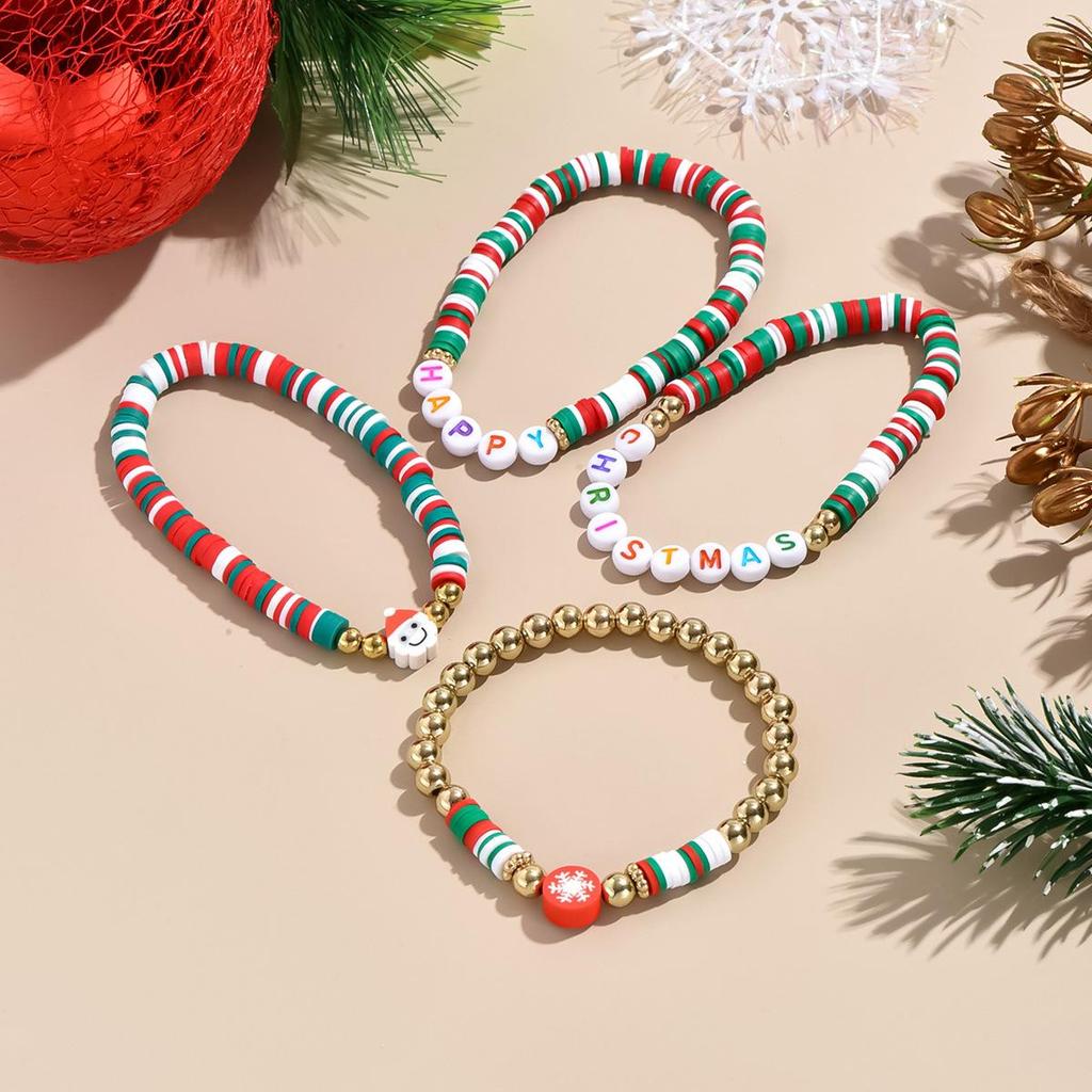 European-American Snowman Beaded Bracelet Set: Versatile Polymer Clay Christmas Jewelry Gift