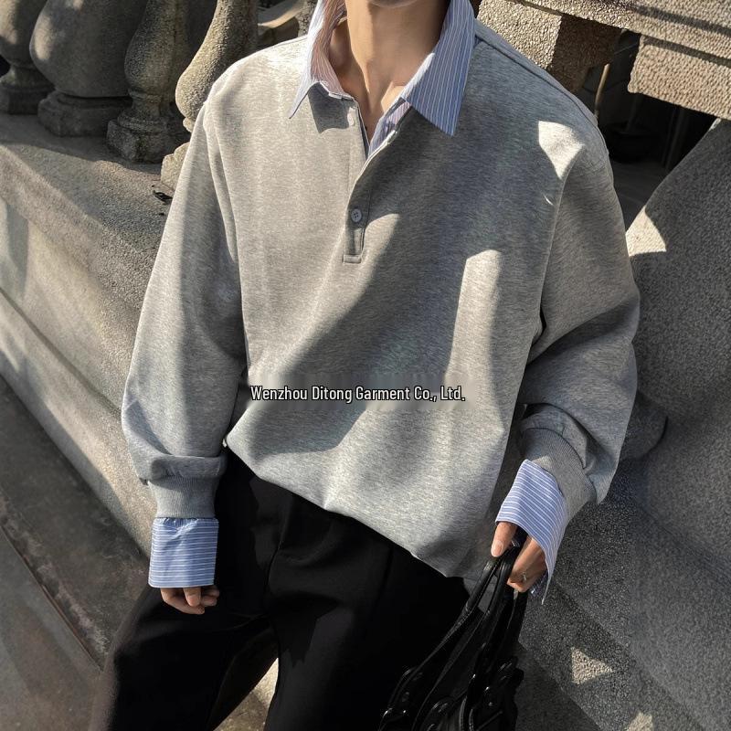 Herren Herbst Gestreiftes Patchwork Sweatshirt - Fake Zweiteiliger Kragen Langarm Streetwear Oberteil