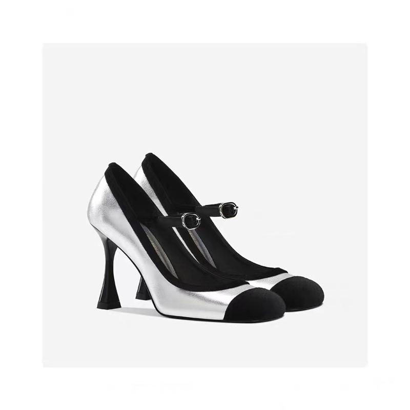 Mary Jane Female 2025 Spring and Autumn New Square Head Word with Splicing Thin Heel Small Fragrant Wind Shallow Mouth High Heels Single Shoes