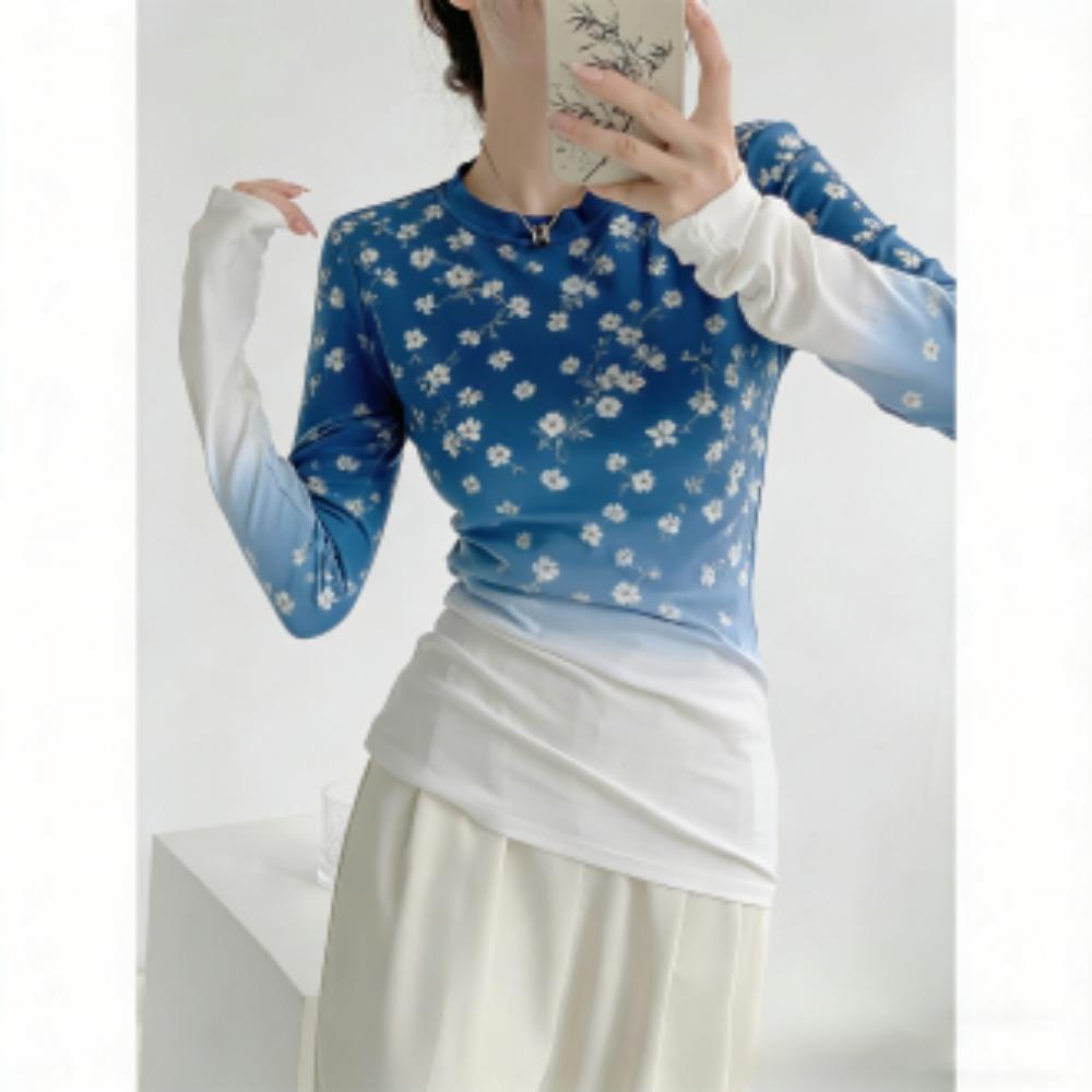 Европа Америка Градиентный Цветной Принт Модная Женская Футболка Пуловер Женская Одежда с Длинным Рукавом Повседневные Футболки для Улицы Топ S