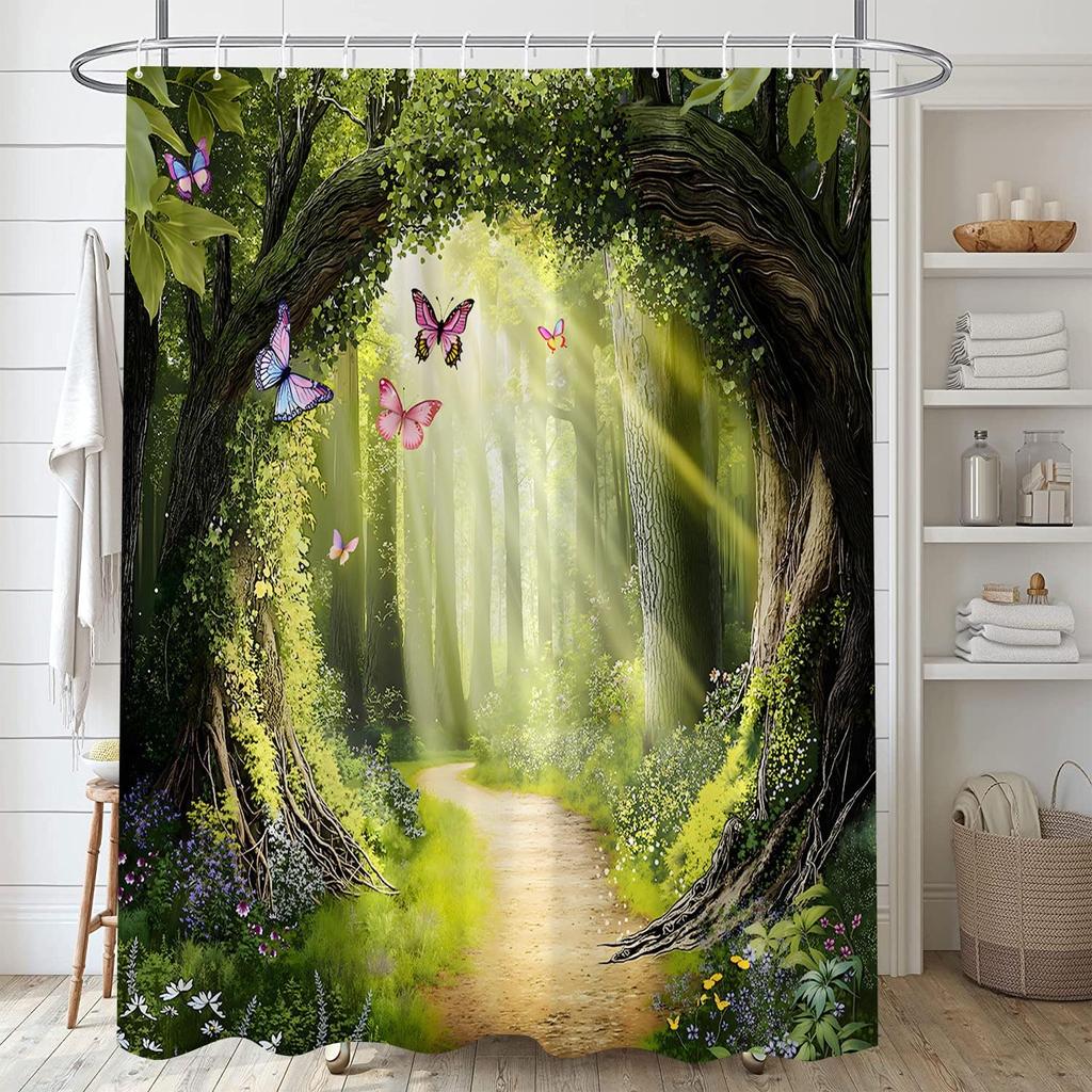 Verzauberter Wald Duschvorhang Fantasy Grün Natur Baum Floral Schmetterling Märchen Wunderland Dschungel Regenwald Natürlich