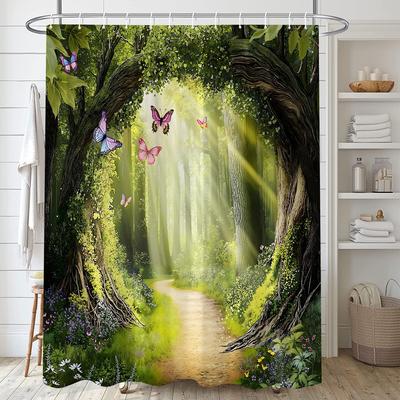 Enchanted Forest Shower Curtain Fantasy Green Nature Tree Floral Butterfly Fairytale Wonderland Jungle Rainforest Natural