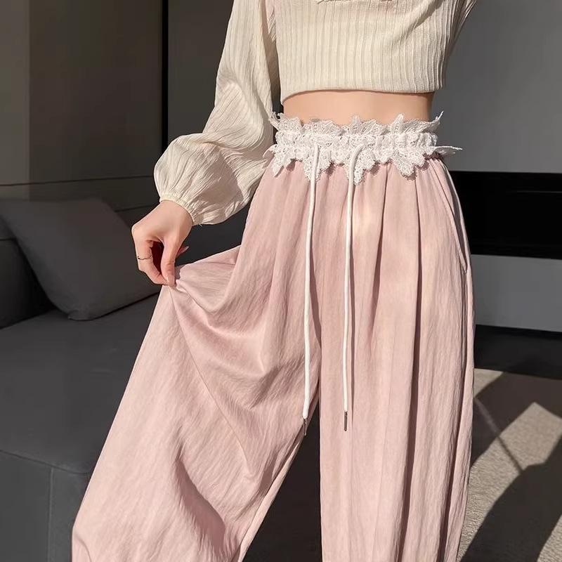 High-Waisted Sweet Lace Patchwork Wide-Leg Pants for Women - Loose-Fit Drawstring Trousers for Spring & Autumn