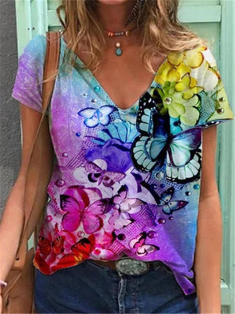 Women's T-Shirts Color Floral Flower 3D Print Summer V-Neck Short Sleeve T Shirt Y2K Tees Oversized Harajuku Top Female Clothing