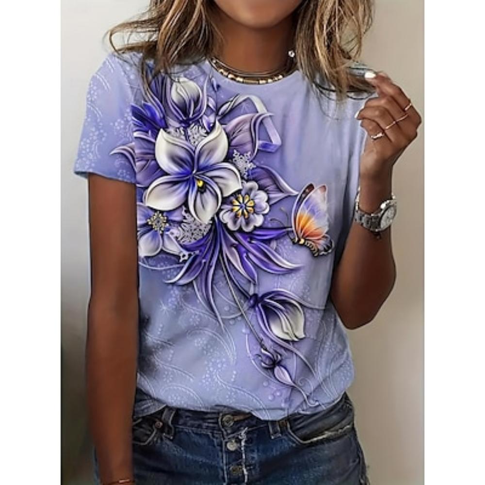 Women's T-shirt Floral Crew Neck Short Sleeve 3D Butterfly Print Elegant Casual Wear Spring Summer Comfort Fit Purple Multisize Fashion Top