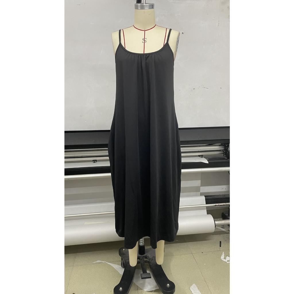 Women's Solid Color Low-cut V-neck Loose Laxy Style Sling Dress, Slimming Spring Summer Casual Dress for Foreign Trade