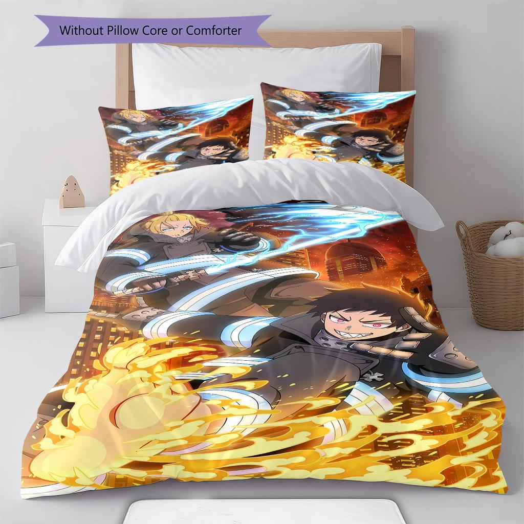 Fire Force  Pattern Bedding,Quilt Set Quilt Cover Pillowcase Home Birthday Gift (1 * Duvet Cover + 2 * Pillowcase, Without Core)