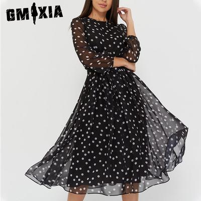 Moda feminina verão primavera polka dot print manga longa o-pescoço cintura alta vestidos casuais