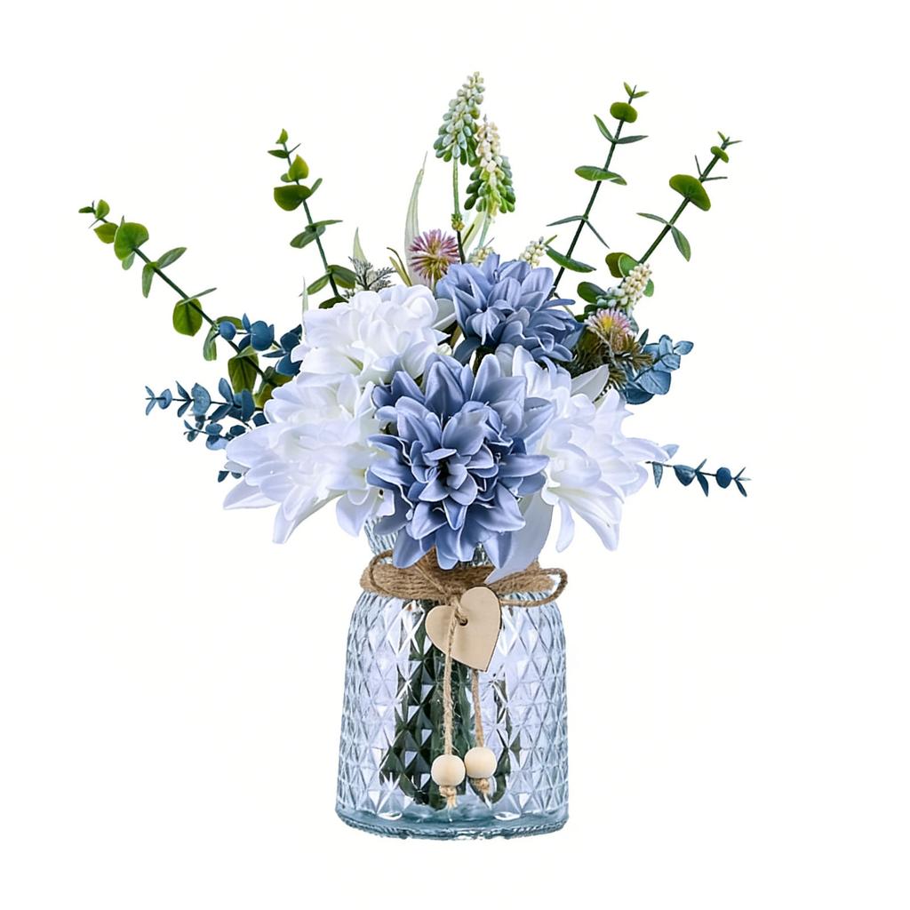 Artificial Flowers with Glass Vase Anti Wilting Anti Fading Realistic Faux Roses for Home Living Room Decor White Blue