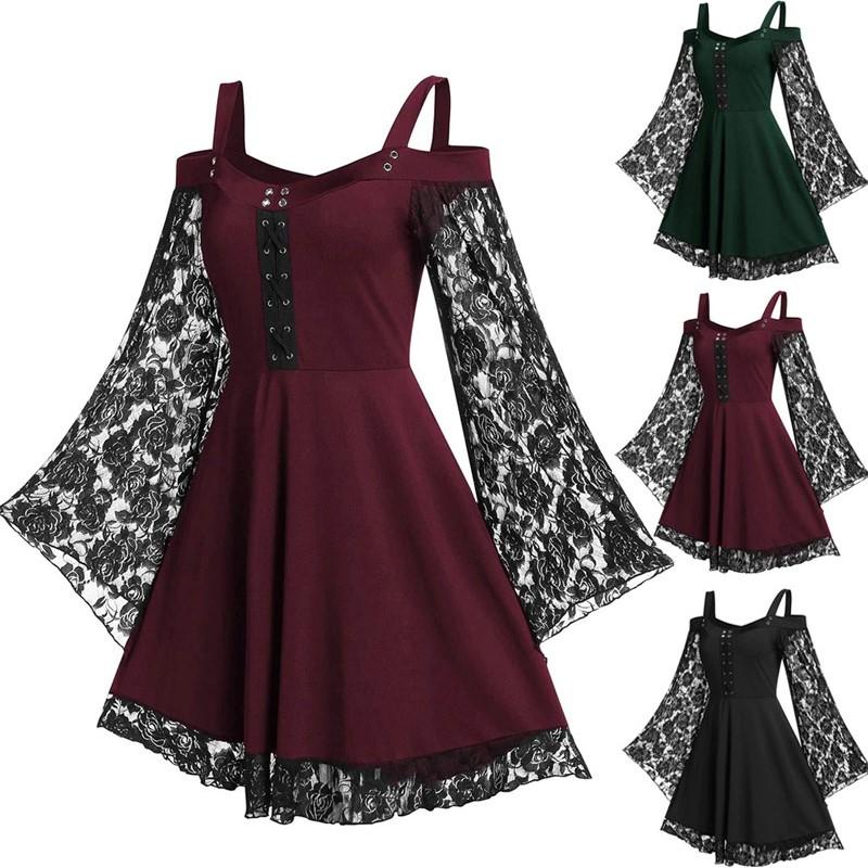 Sexy Elegantes Spitzen-Mini-Kleid Damen Robe Gothic Vintage A-Linie Partykleidung Frau Kleidung Streetwear
