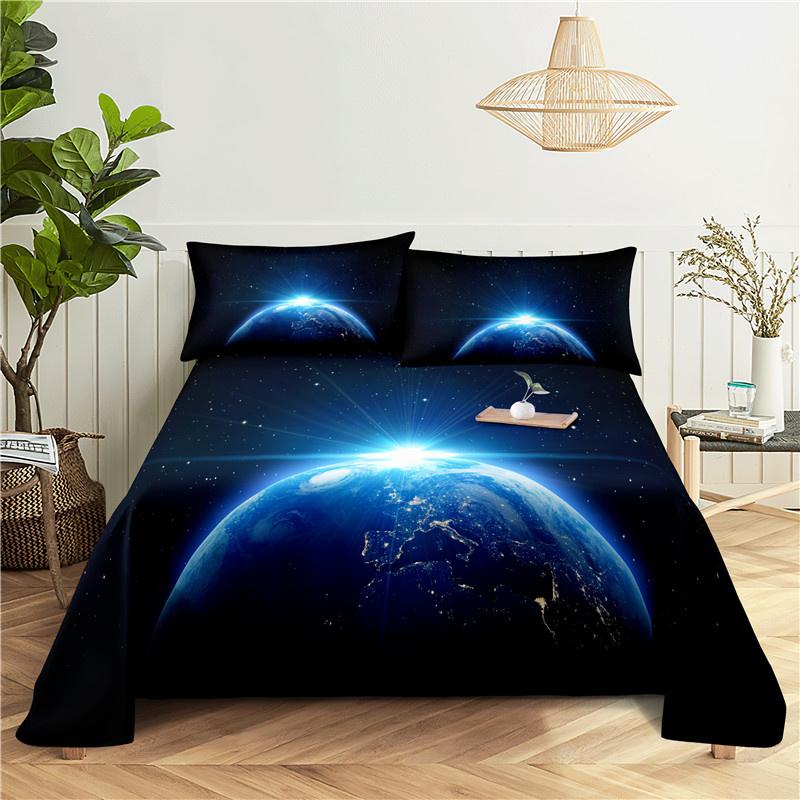 Cosmic Planets Bed Sheet Set Soft Polyester Bed Flat Sheet With Pillowcase Romantic Universe Galaxy Print Bed Sheet Home Textile