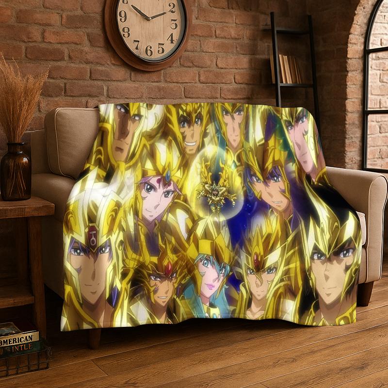 

Retro Saint Seiya Anime Cartoon Flannel Blanket Soft Warm Throw Blanket for Bedroom Living Room Bed Travel Camping Picnic Gift 75x90cm