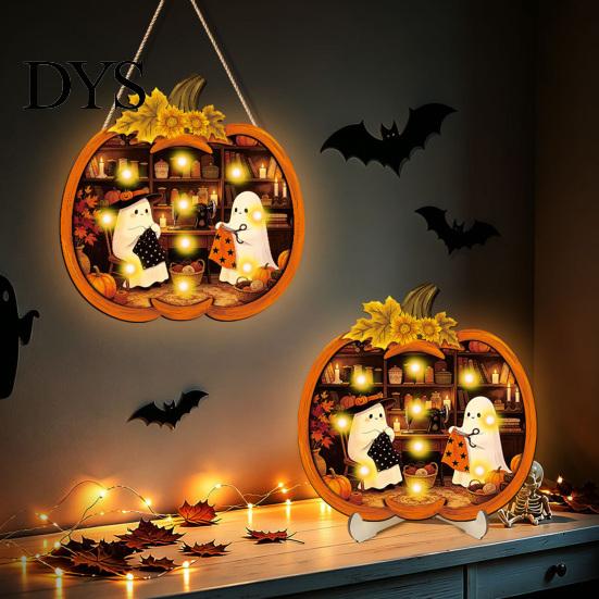 Durable Halloween Decorations Door Sign, Glowing Ghost Hanging Decor, Wooden LED Window Cool Patterned Ornaments Ornament for Party, Spooky