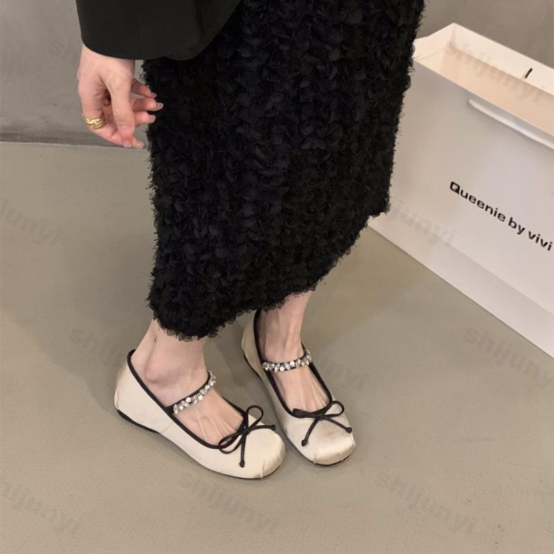 Fashion Women's Mary Jane Shoes Spring Autumn Fashion Bow Knot Rhinestone Ballet Shoes Comfortable Slip on Height Increase Outdoor Flats