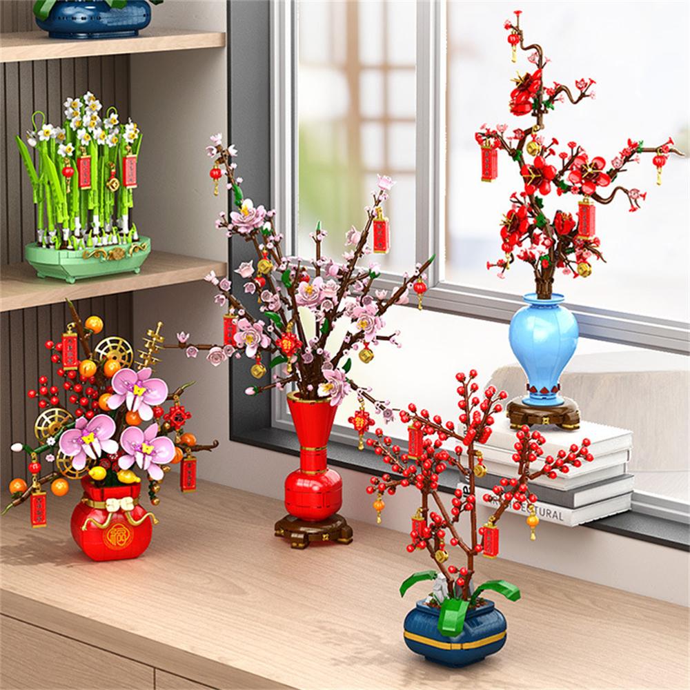 Flower Bouquet Plum Blossom Peach Blossom Narcissus Bonsai Potted Plant Building Blocks Model Home Decoration Toy For Kids Gift