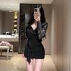 Black Temperament V-neck Long-sleeved Inner Dress Women's Clothing Spring and Autumn Spice Girls Slim and Thin Lace Hip-wrapped Short Skirt