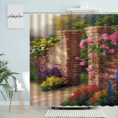 Gartenpark Landschaft Duschvorhang Rustikal Retro Rote Ziegelwand Blumen Grüne Pflanzen Bäume Ölgemälde Wasserdicht Badezimmerdeko