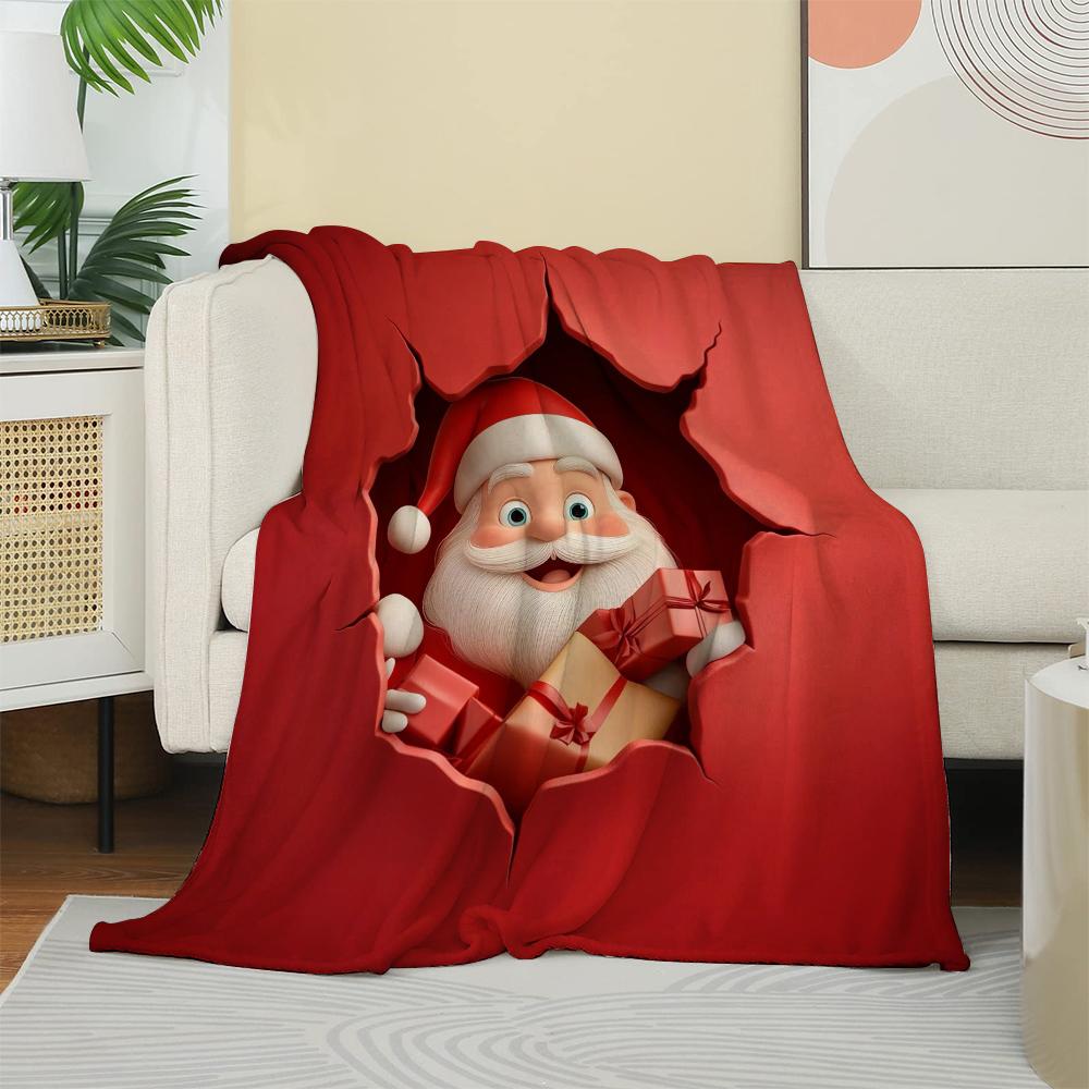 3D Santa Claus Christmas Blanket Festive Red Broken Wall Design Soft Flannel Throw Blanket Xmas Gift for Kids & Adults Travel
