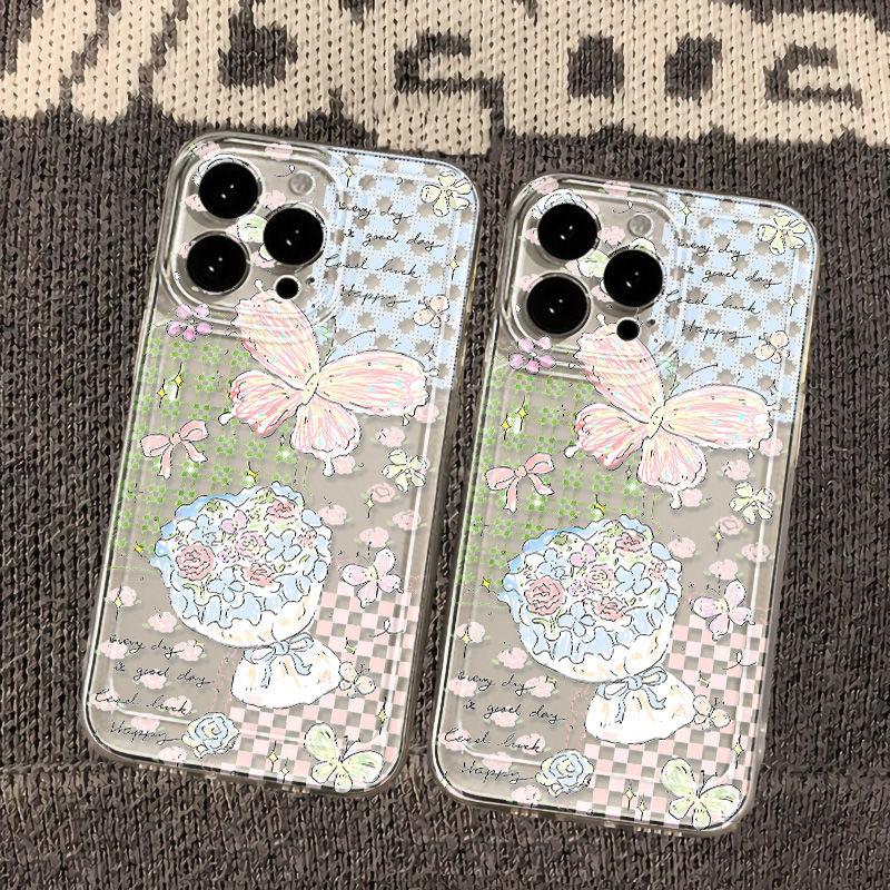 Korean plaid butterfly flower for iPhone17promax Apple 16 mobile phone case 14/13 cute 15