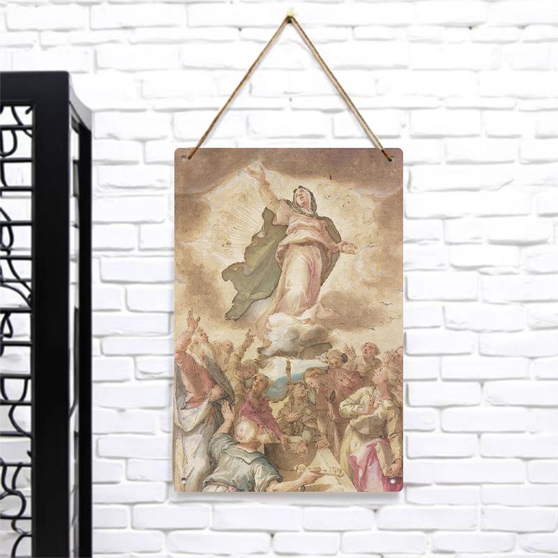 The Assumption of Mary Religious Oil Painting Style Iron Painting European Retro Metal Wall Hanging Decor 7.9x11.8In(20x30cm)