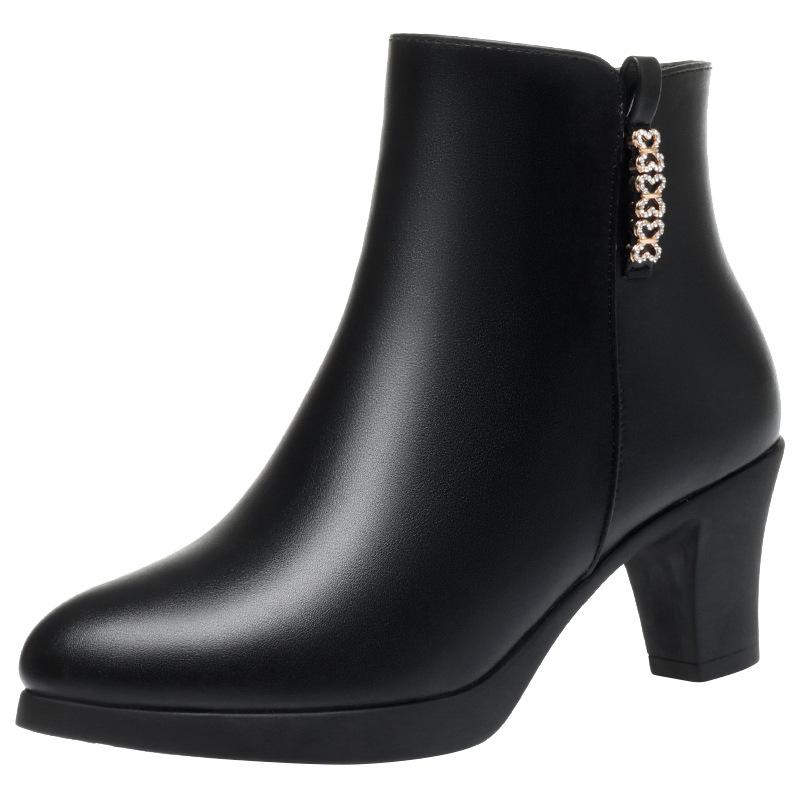 Medium heel short boots women's autumn and winter fashion boots, new velvet leather shoes women's high heel cotton shoes mother shoes