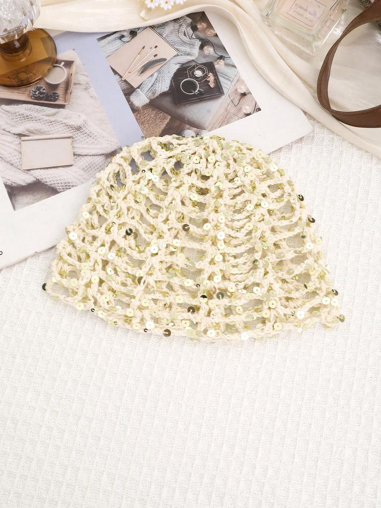 1pc Bohemian Style Solid Color Hollow Sequin Knit Beanie Hat
