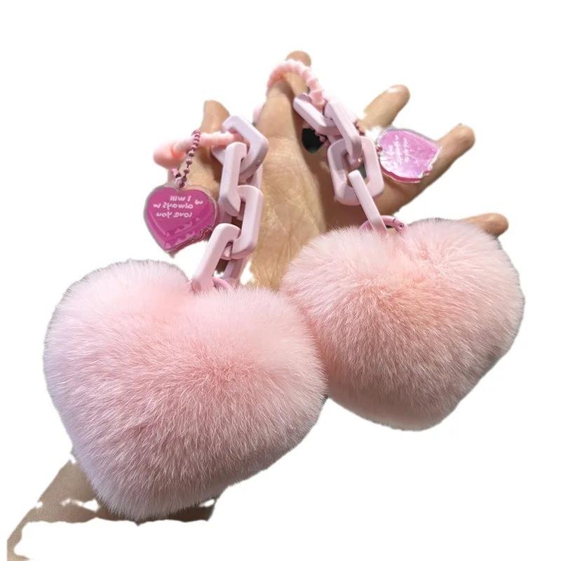 New Creative Real Fur Rex Rabbit Hair Pink Love Chain Car Exquisite Schoolbag Pendant Couple Pendant Cute Bag Charm