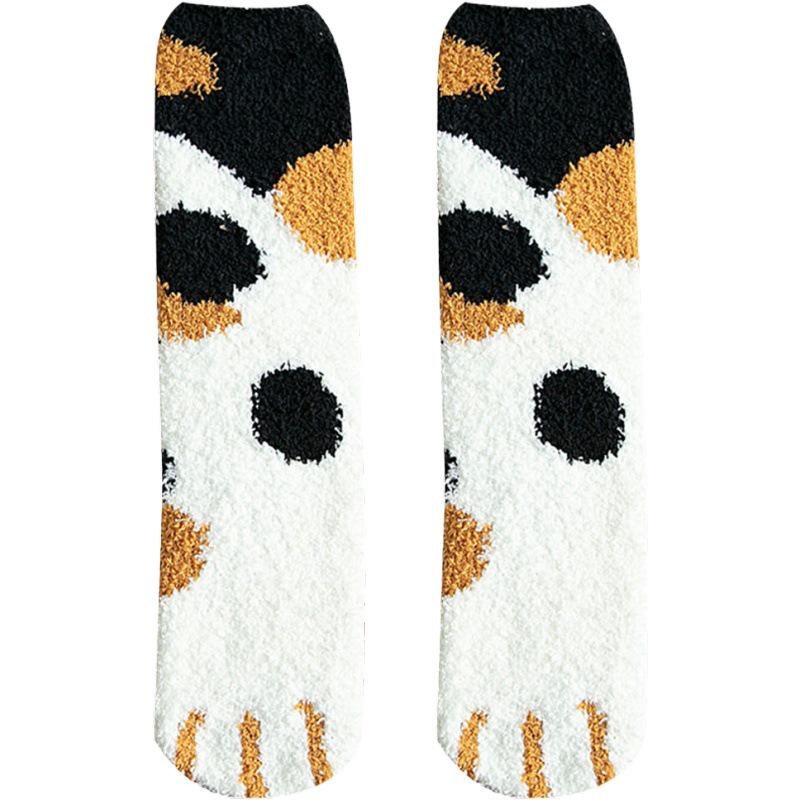 6 pairs Woman socks Cartoon Cute 3D Dog Cat Paw Pattern Winter Female Fleece Warm snowfield Home Floor Sleeping Thick