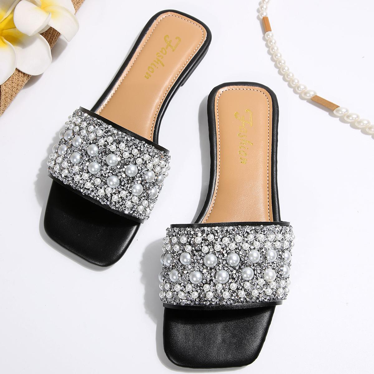 

[Foreign Trade] 2025 Summer New Women s Open-toed Black Decorative Flat-bottomed Sandals 43 чёрный