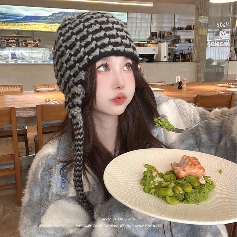 Hat Women's Winter Sweet and Cute Girls Thickened Ear Protectors Autumn and Winter Versatile Knitted Hat Warm Thick Wool Hat